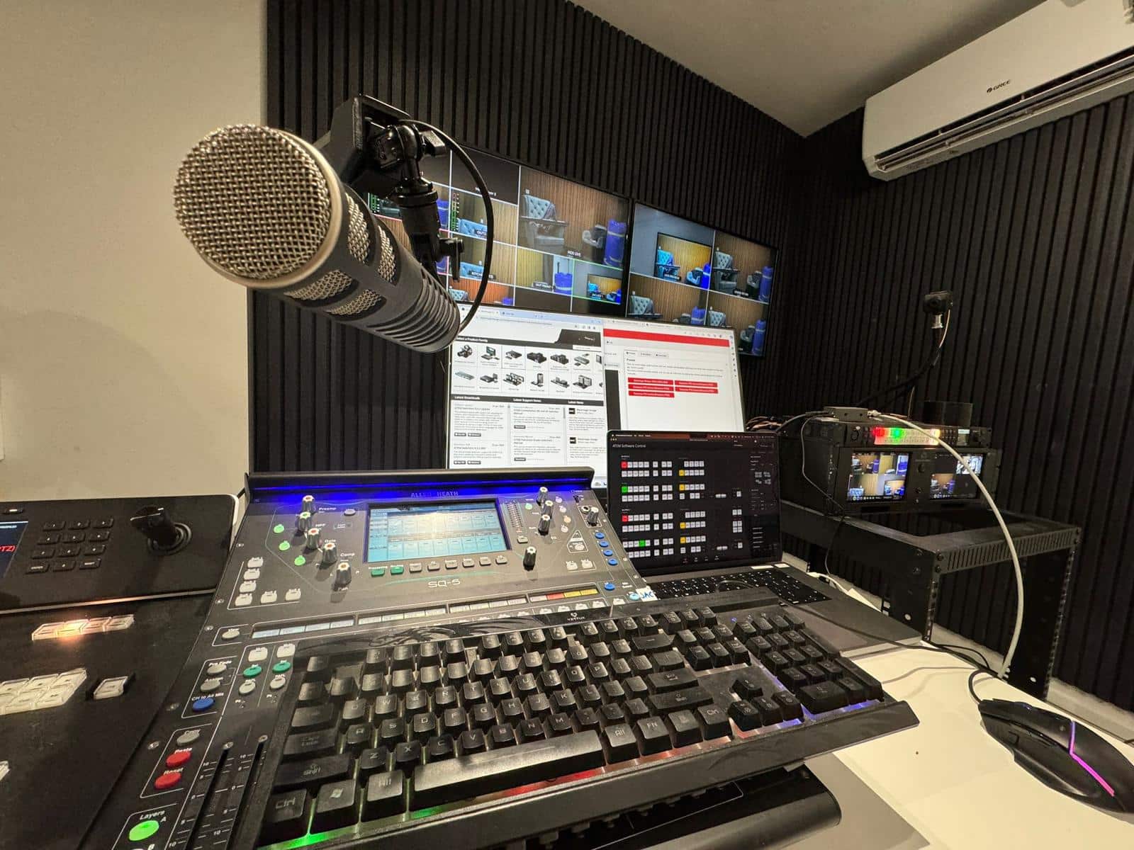 The control room — Allen & Heath SQ-5 mixer, ATEM switcher, multiview monitors