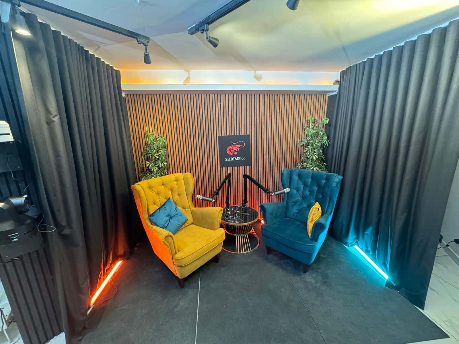The Stream House interview set — two armchairs, neon accent lighting, acoustic wood panelling
